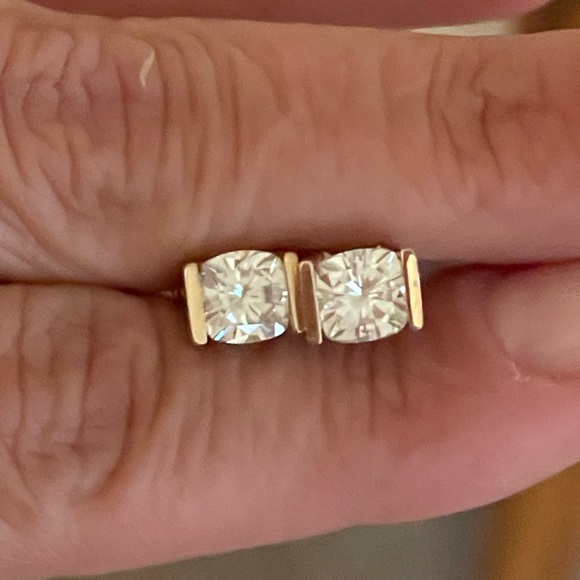 Fine Custom Made Cushion Cut Moissanite Earrings Solid 14K Yellow Gold - Picture 12 of 12